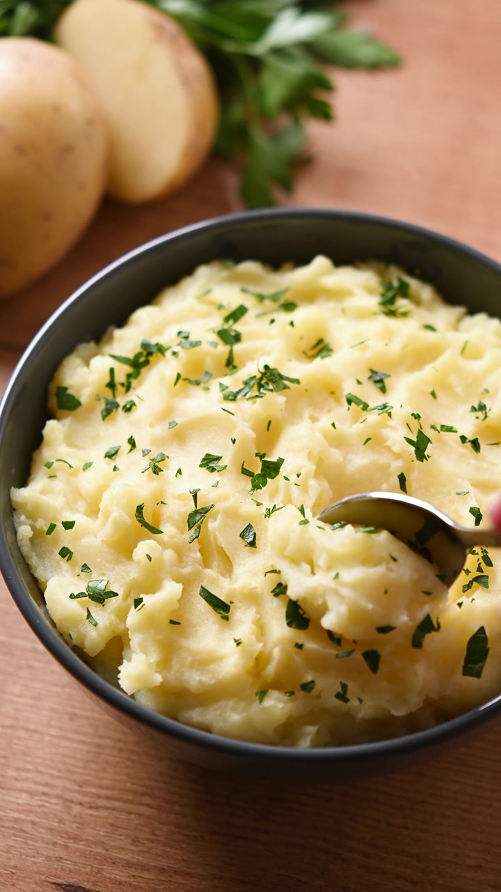 Serving creamy mashed potatoes from a bowl