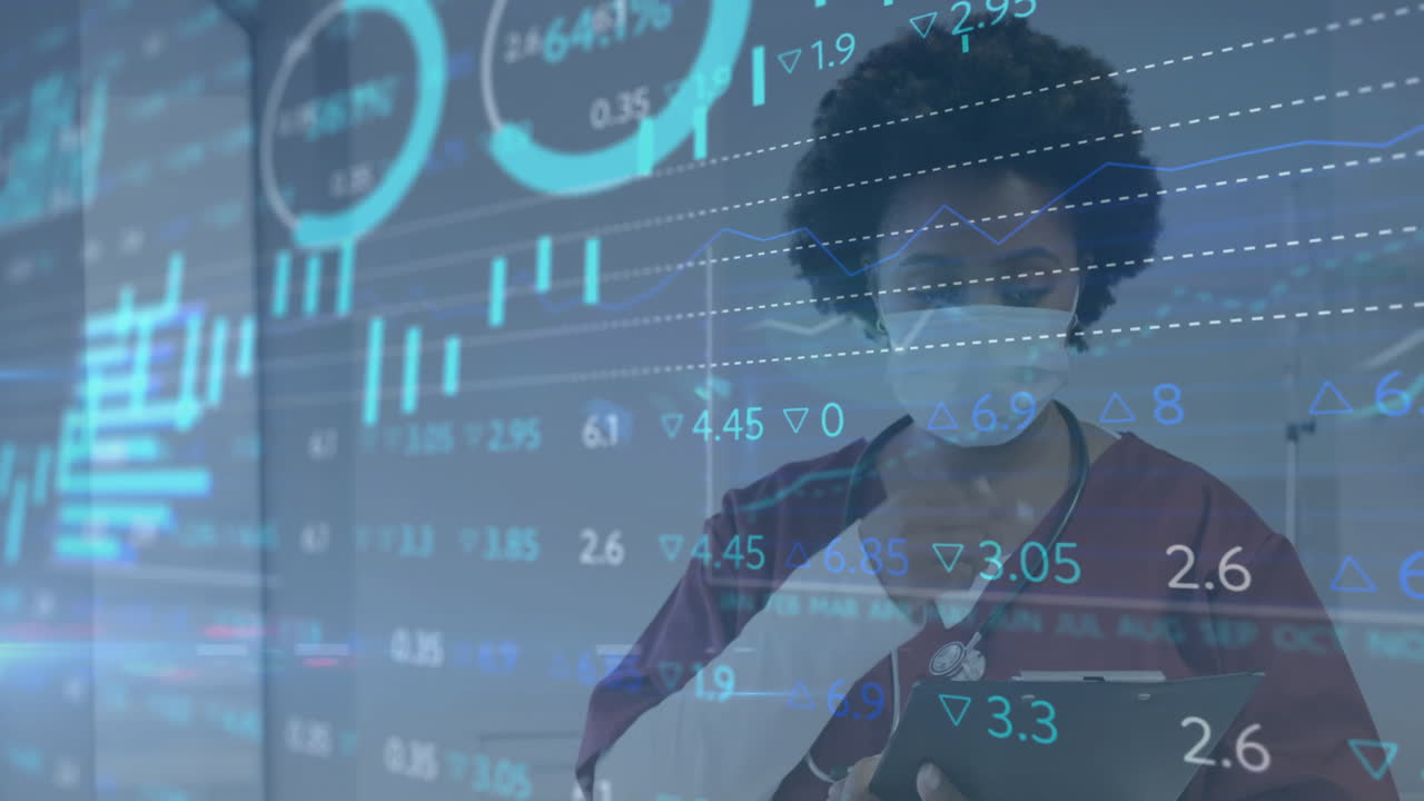 con una tableta, un trabajador de la salud con una animación de datos del mercado de valores