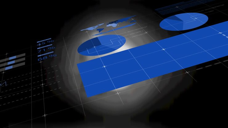 Animation of statistics and data processing over black background