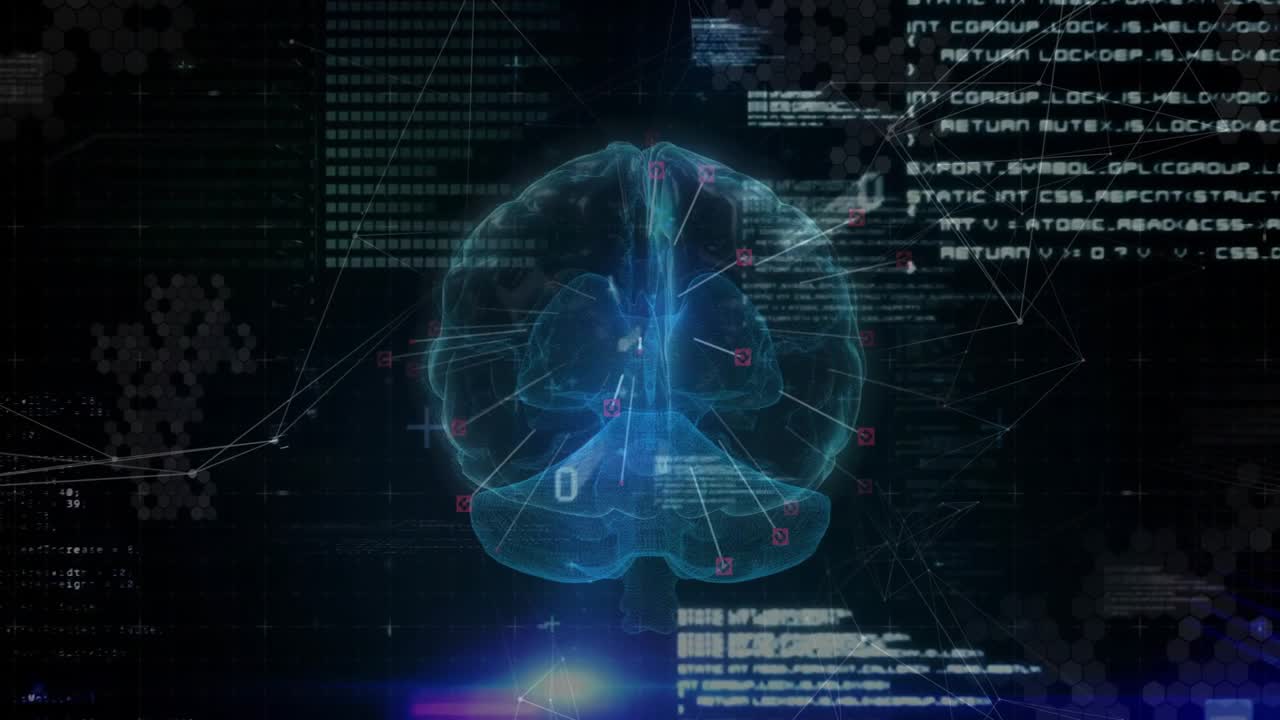 Emerging brain rotating, nodes linking code panels and arrows converging visualizing neural data