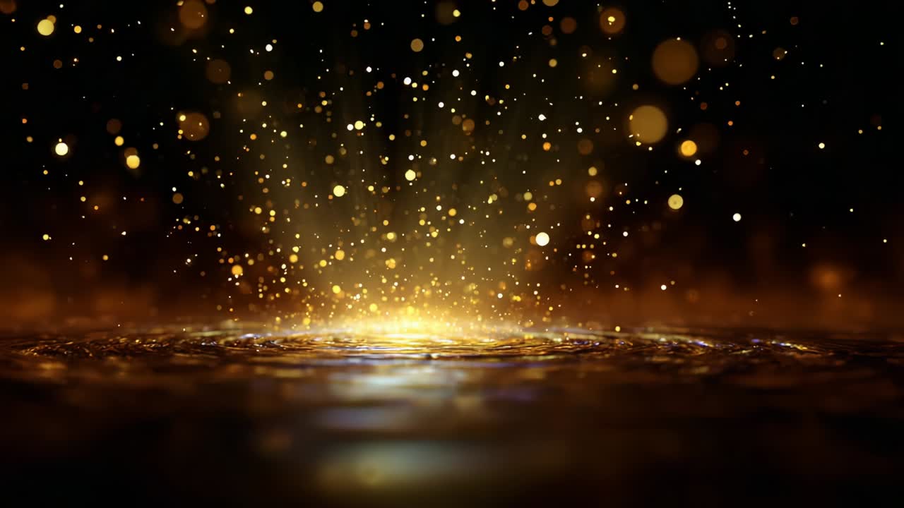 Effetti bokeh dorati accattivanti: una splendida immagine di particelle illuminate che si sollevano da una superficie riflettente, creando un'atmosfera onirica piena di magia e meraviglia in ogni dettaglio scintillante