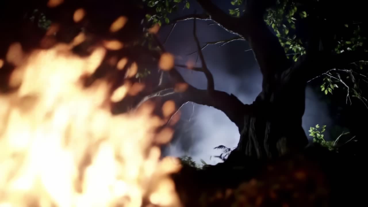 Mysterious Night Scene With Twisted Trees and Fog in a Dark Forest Setting