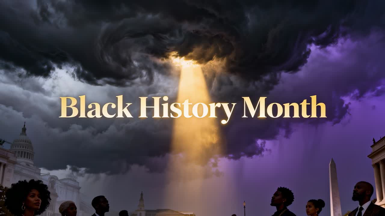 พายุโหมกระหน่ำ ลำแสงสีทองส่องสว่าง ข้อความ Black History Month เหนืออาคารรัฐสภา ดึงดูดผู้ใหญ่ในชุดสูท