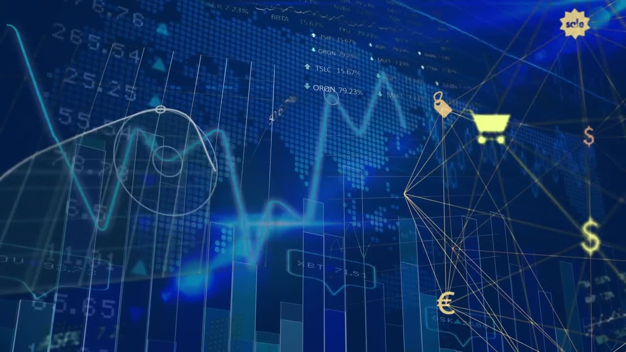 animación del procesamiento de datos financieros con iconos con un mapa del mundo sobre fondo azul