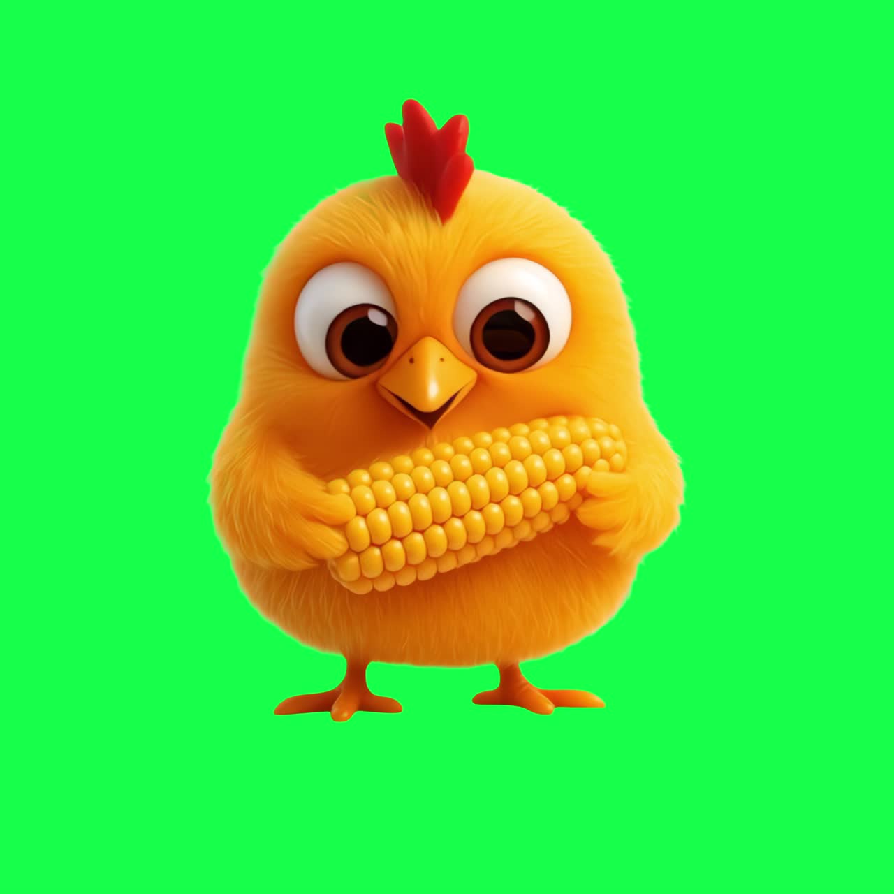 Animación de pollito adorable sujetando maíz, vídeo transparente en 4K, pantalla verde