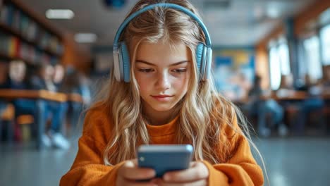 girl with headphones using phone in library