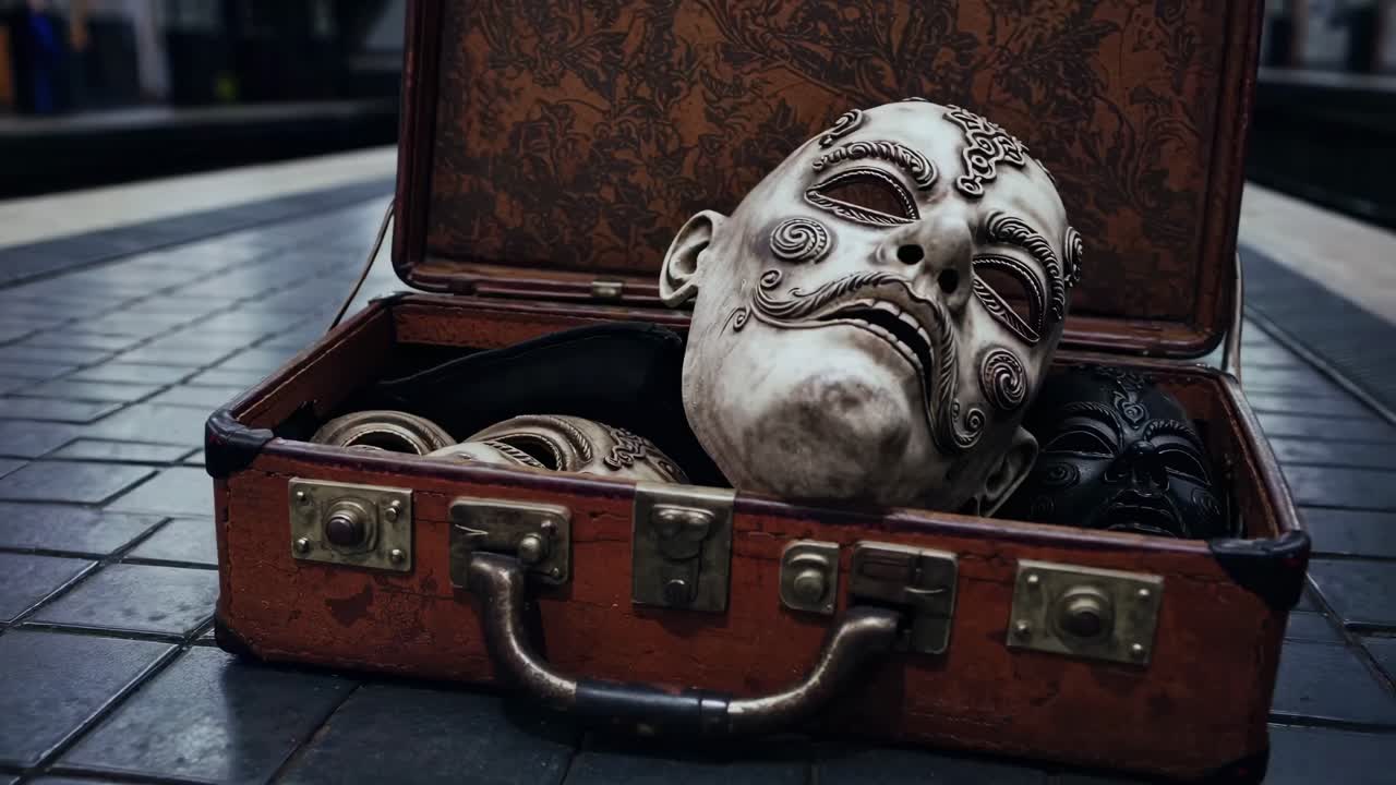 Intricately designed masks rest within an antique suitcase, showcasing detailed artistry and craftsmanship, creating a mysterious atmosphere in a dimly lit environment