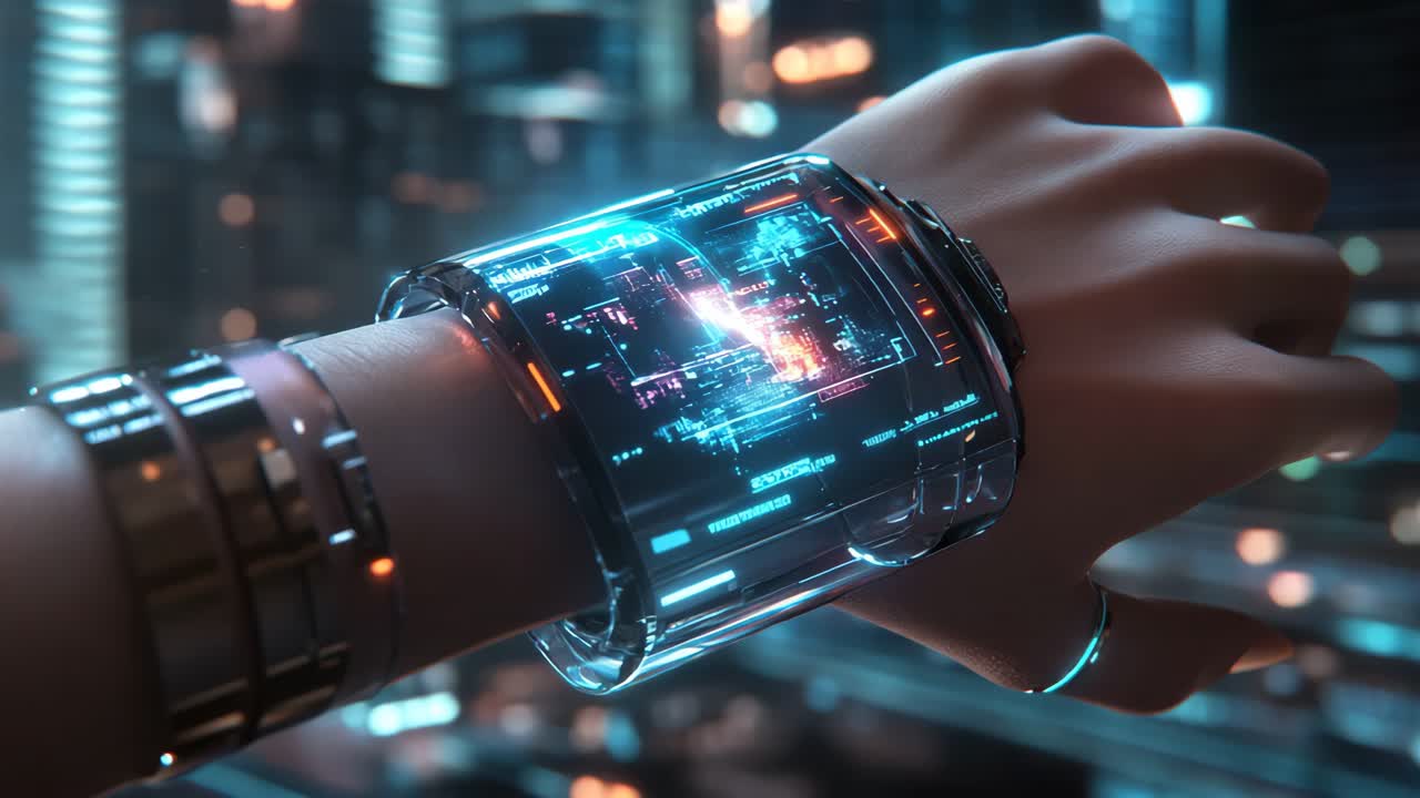 Futuristic Smartwatch on a Woman's Wrist in a Cityscape