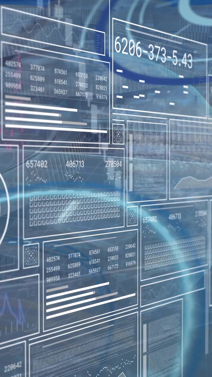 Animert digitalt grensesnitt som viser data, grafer og tall