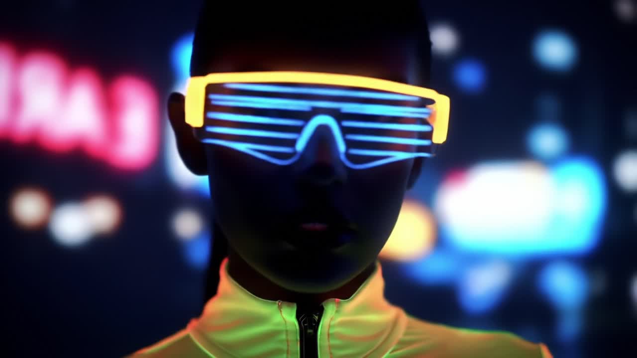 Unique Neon Glasses Worn by Model in Futuristic Urban Setting During Night Event