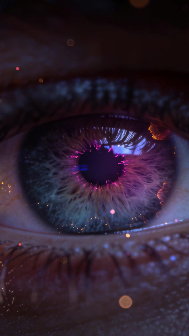 Vertical video: Pulsing human eye reacting to shifting color in studio, showing eyelashes and bokeh