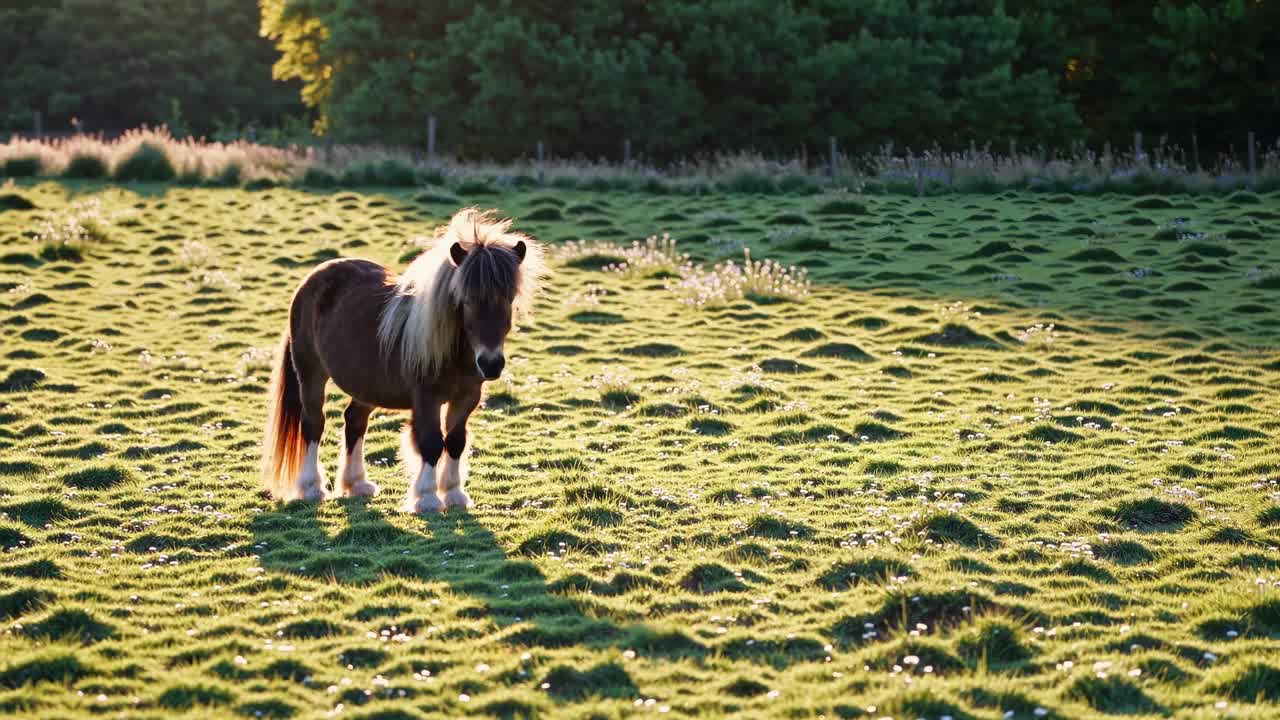 A pony stands in a sunlit field, captured at eye level. The warm, golden hour lighting creates