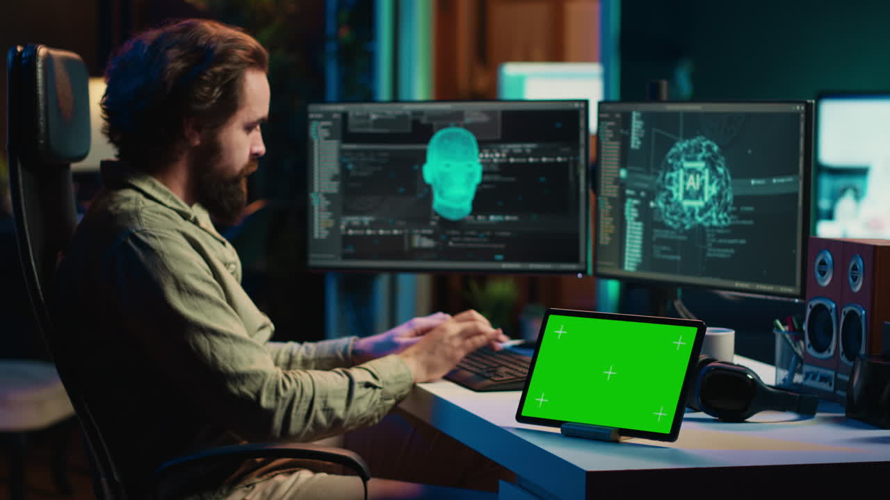 Developer using green screen tablet updating artificial intelligence