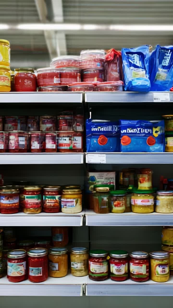 Estanterías con distintos frascos y productos empaquetados en el pasillo de un supermercado, que destacan diferentes alimentos y condimentos con coloridas etiquetas