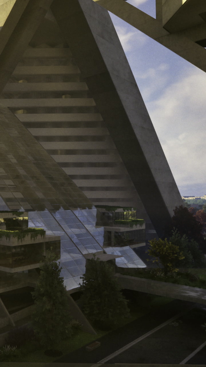 Modern architectural marvel with striking geometric designs in a serene setting