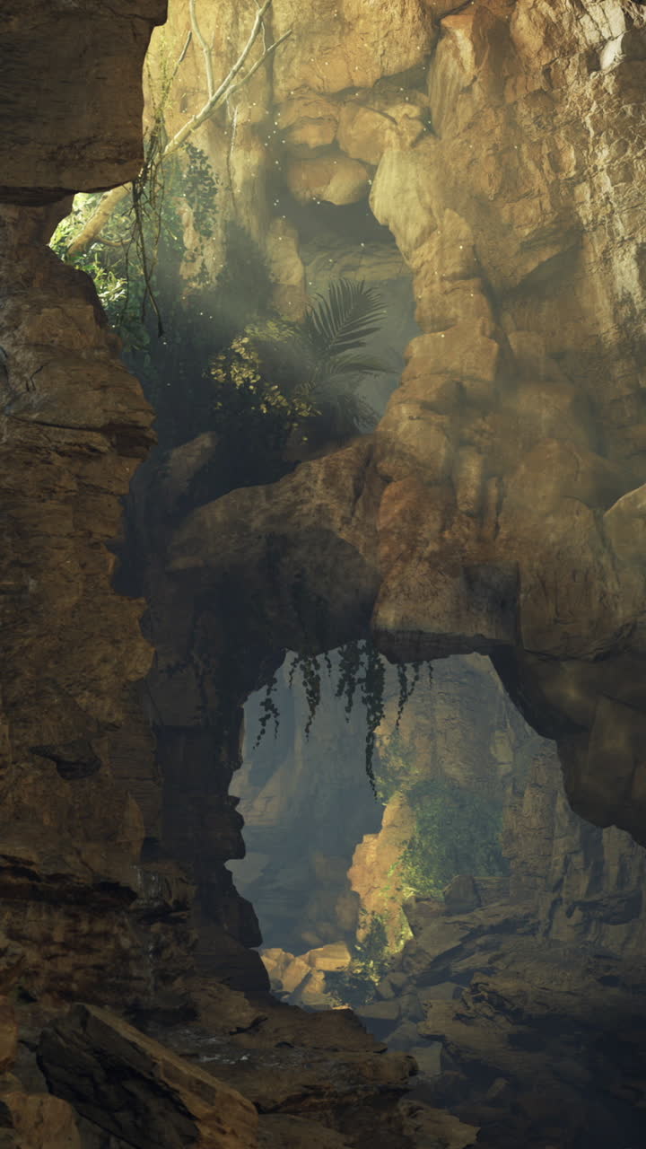 Exploring a hidden cave with intricate rock formations and lush greenery