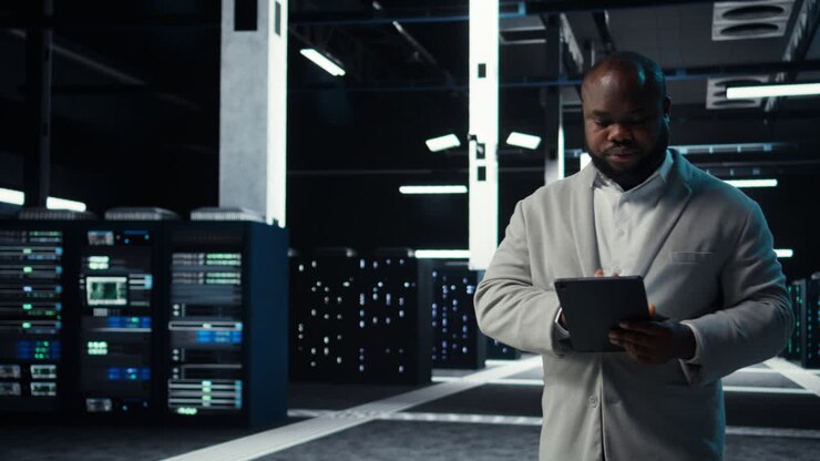 Vertical video Admin in data center using tablet to develop disaster recovery plans