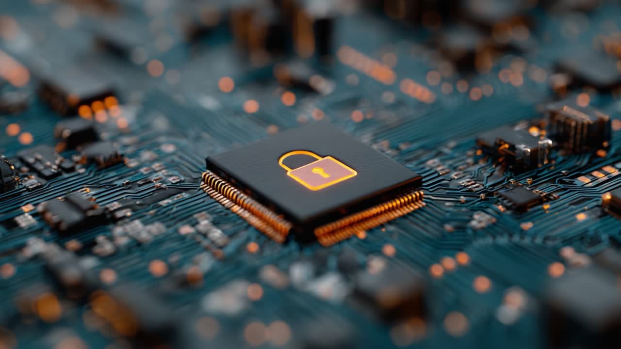 Exploring the Intricacies of Cybersecurity: A Close-Up View of a Circuit Board with a Secure Chip Icon Symbolizing Data Protection and Digital Lock Mechanisms