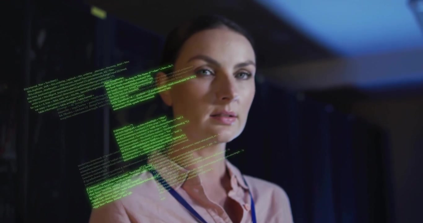Animation of circuit board and data processing over caucasian female it engineer by computer servers