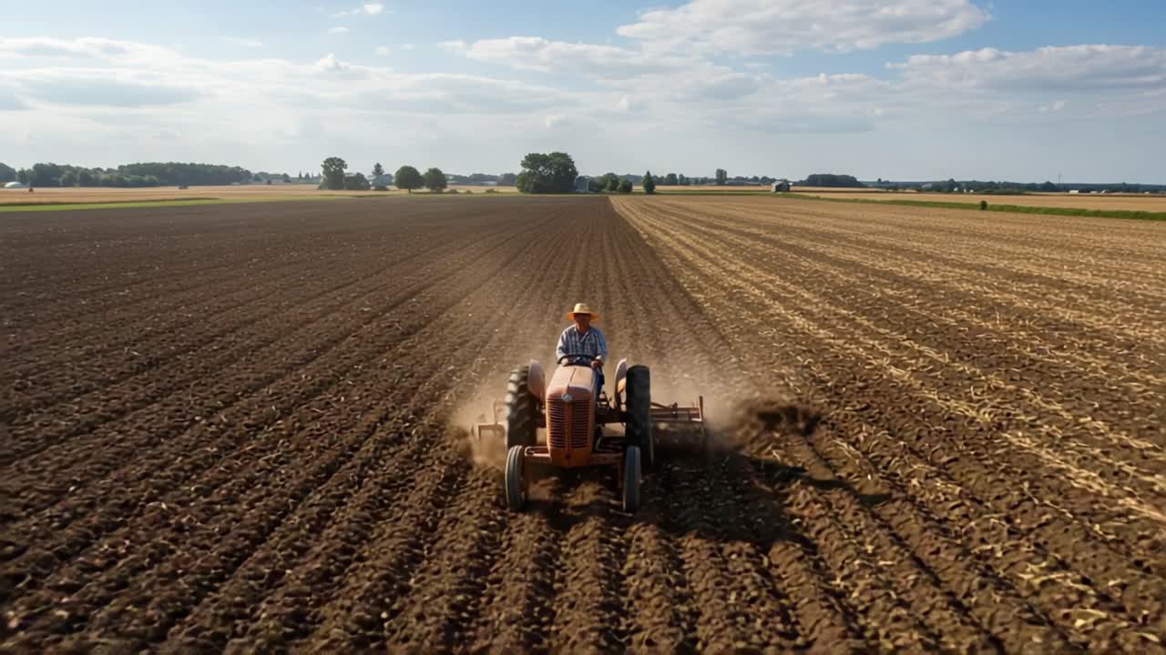 A Farmer Cultivating Soil with a Tractor: Capturing the Essence of Agriculture and Sustainable Farming Practices in a Wide Open Field Under a Clear Blue Sky