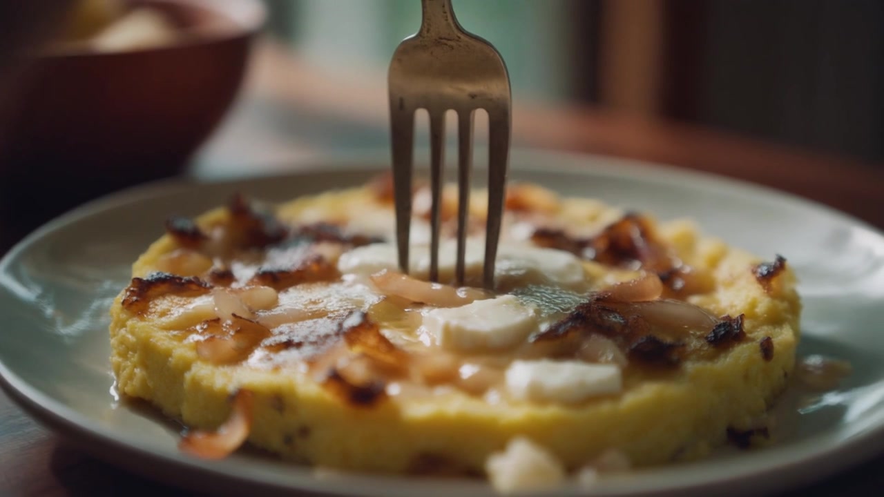 Persona che usa le forchette per mangiare un piatto di polenta salata