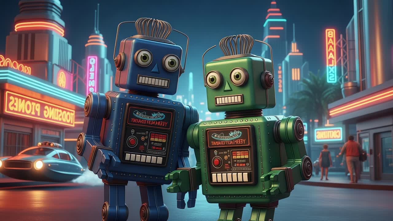 A Journey Through a Neon City: Two Charming Retro Robots Exploring the Retro-Futuristic Streets Filled with Colorful Lights and Nostalgic Vibes