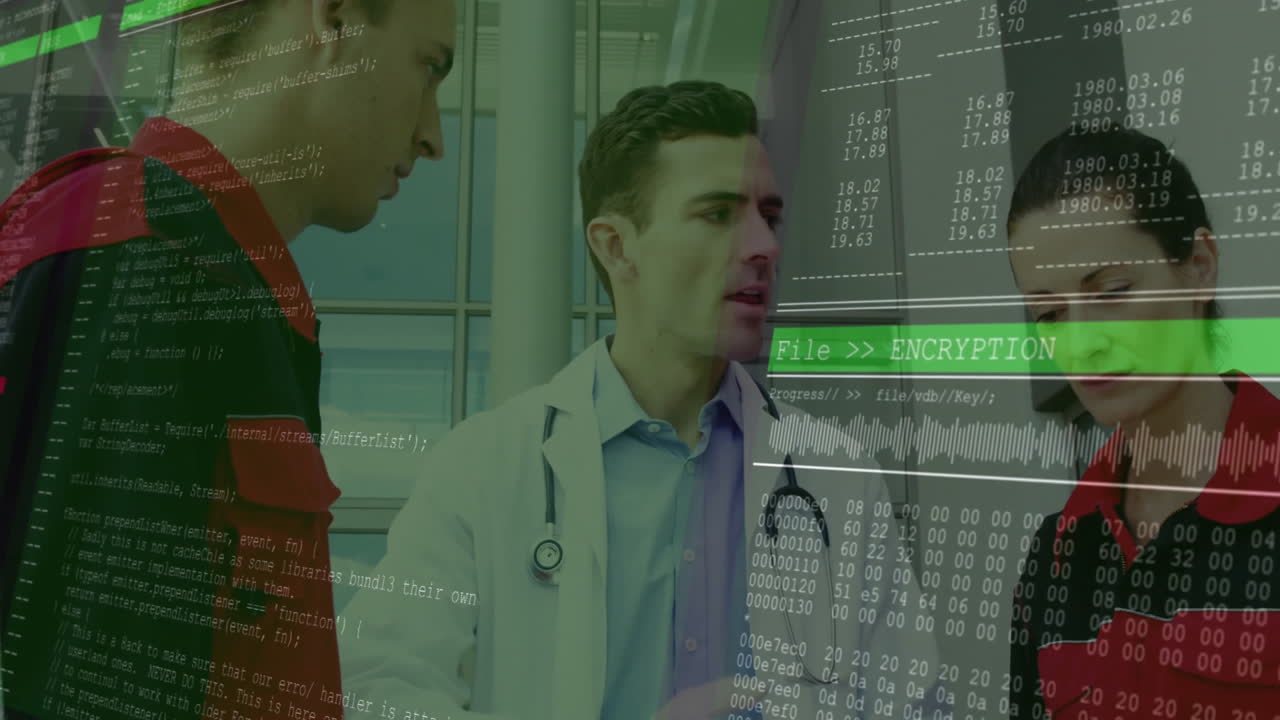 female doctor explaining case in corridor, showing encryption graphics while medics checking tablet