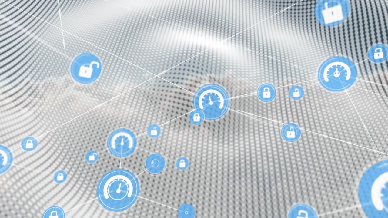 Animation of network of digital icons against rows dot pattern design over clouds in the sky