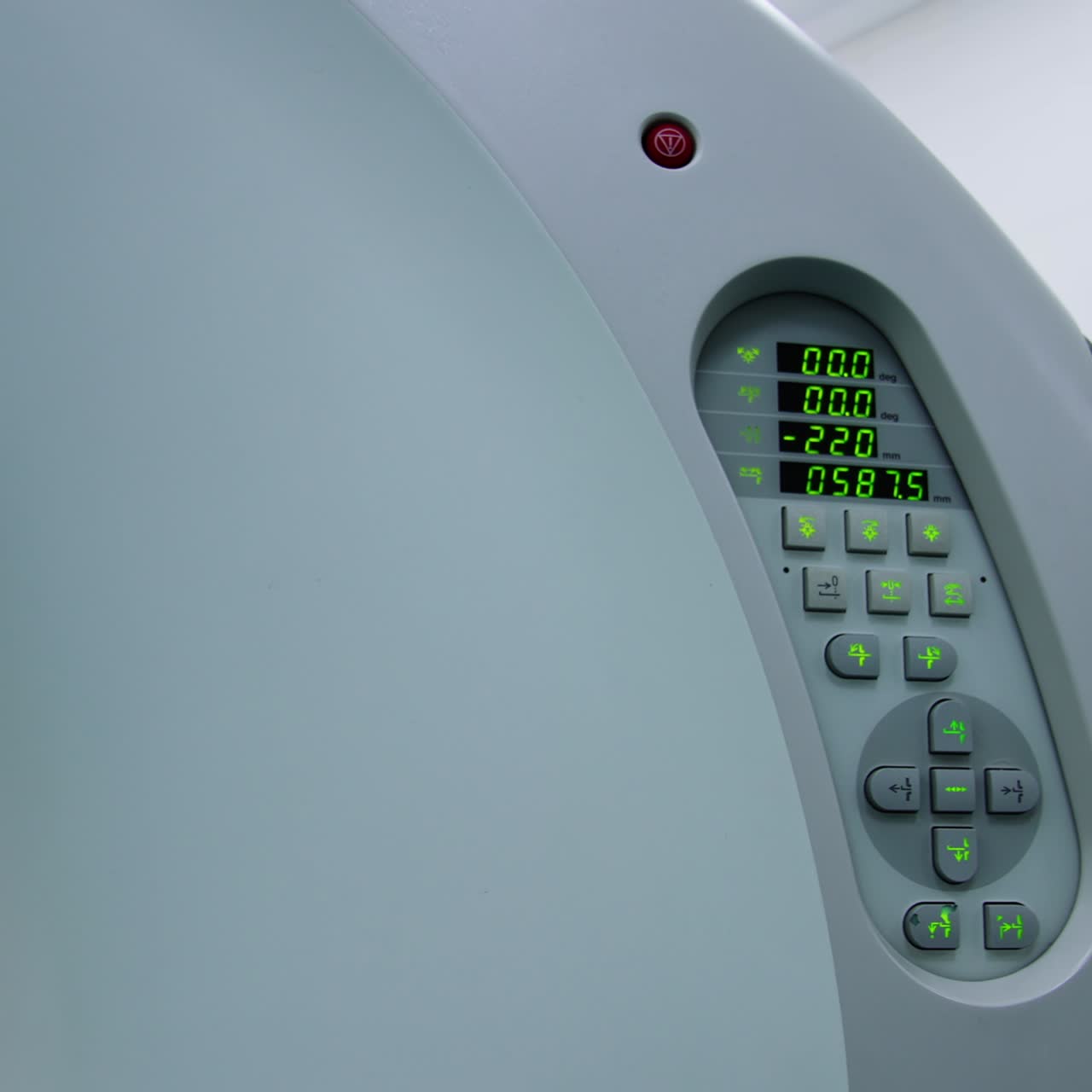 Keyboard panel at the modern technological equipment for magnetic resonance imaging. Switched on machine of computed tomography