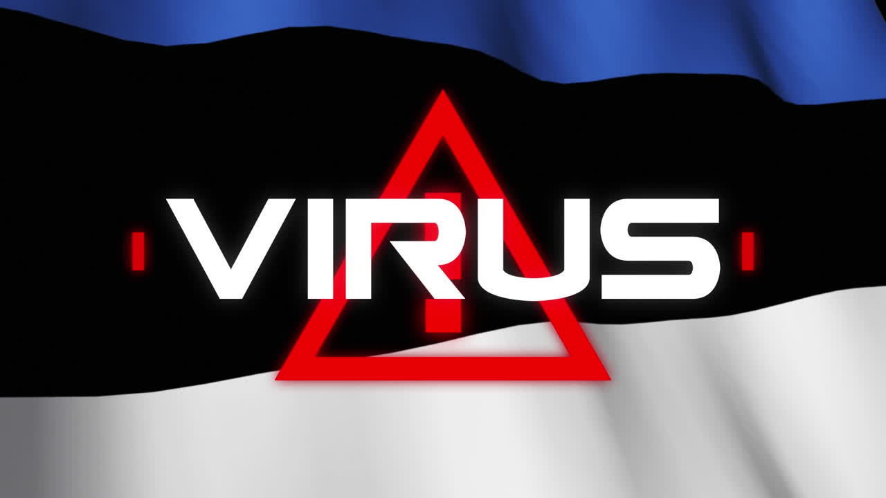 "Virus animation on warning sign with Estonian flag symbolizes COVID-19 lockdown."