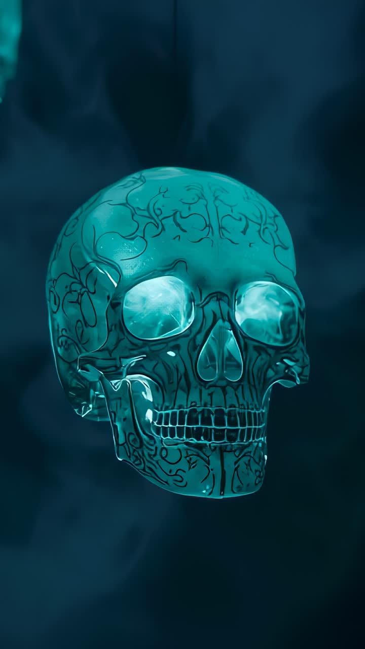 Vertical video: Teal glow causing turquoise skull rotating amid smoky haze, revealing engravings