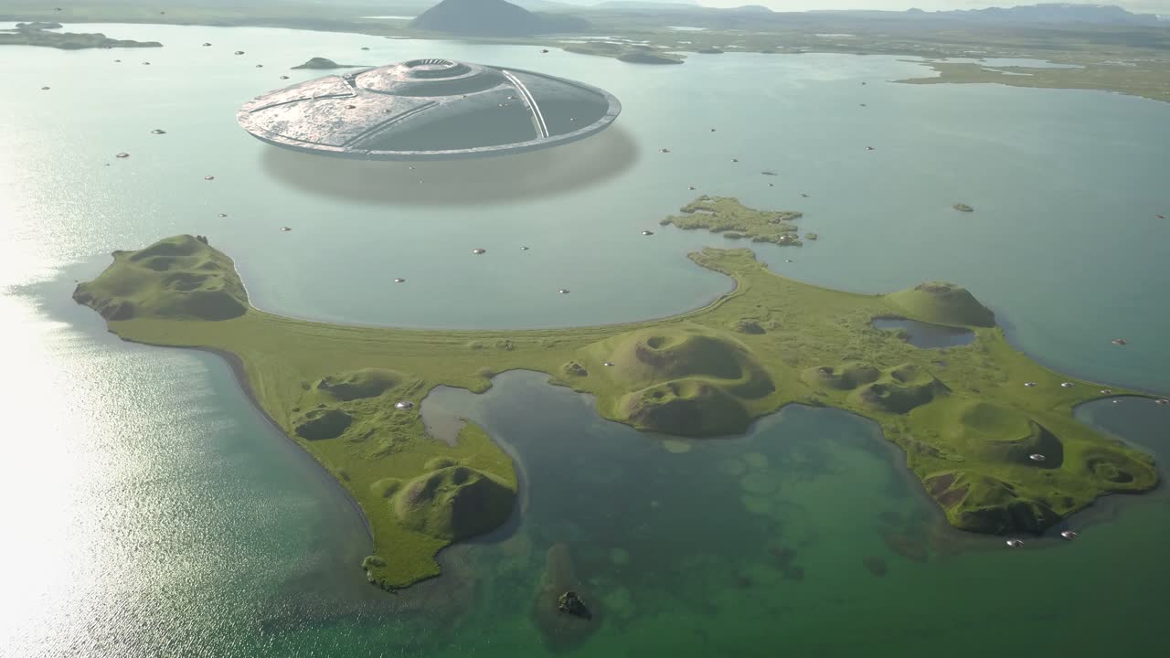 아이슬란드 호수 풍경 위의 ufo