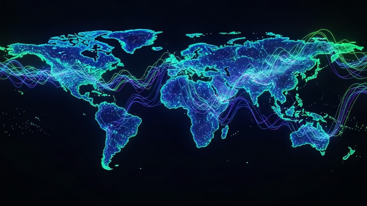 Visual Representation of a Digital World Map with Vibrant Neon Lines Illustrating Connectivity and Global Data Flow in a High-Tech Aesthetic