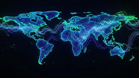 visual representation of a digital world map with vibrant neon lines illustrating connectivity and global data flow in a high-tech aesthetic