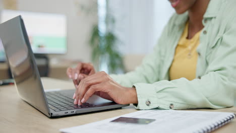 online shopping, laptop and finance with hands
