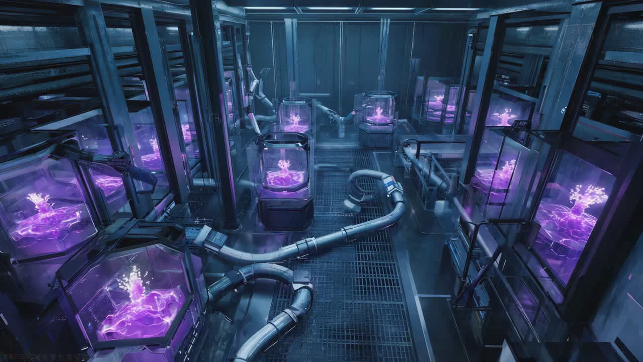 Futuristic Sci-Fi Bio-Lab with Glowing Purple Experiments