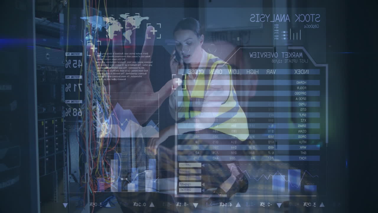 Technician working on server with stock market data overlay animation