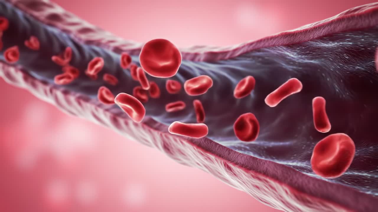 Animation Illustrating Blood Flow Through a Vein with Red Blood Cells Circulating in a Stream, Highlighting the Dynamics of Circulatory System Function