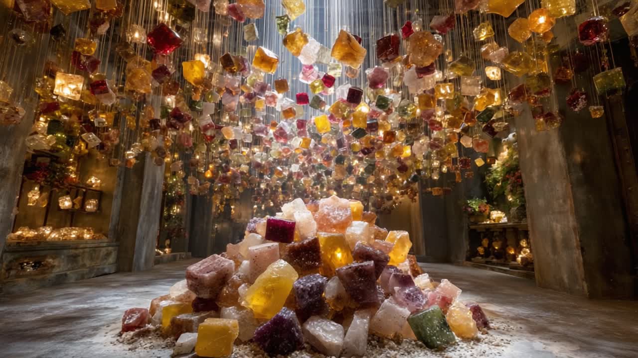 A Mesmerizing Display of Colorful Crystals Illuminating a Unique Space: Vibrant Hanging Orbs and a Transparent Pile Create a Enchanting Atmosphere