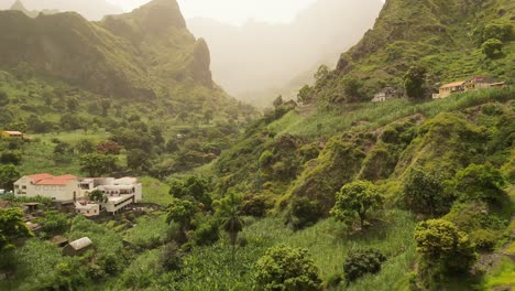 Aerial-View-Of-Cova-de-Paul-In-Mist---Tourist-Attraction-In-Cape-Verde,-Africa