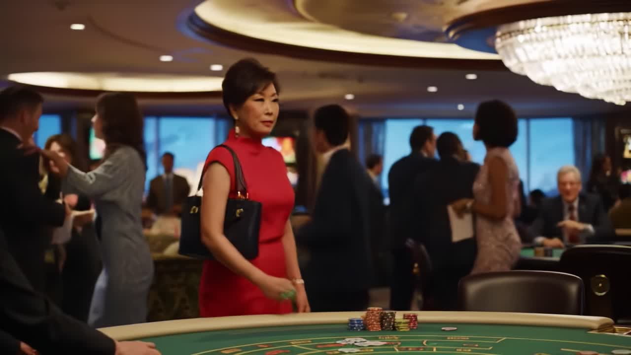 A Glamorous Evening at the Casino: A Sophisticated Woman Graces the Gaming Floor Amidst a Bustling Crowd and Glimmering Lights