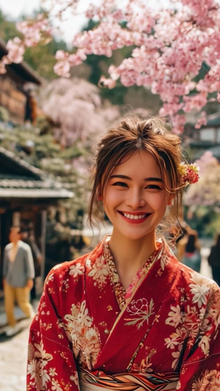 Una gioiosa celebrazione della cultura e della natura: una giovane donna in un bellissimo kimono rosso sorride tra i fiori di ciliegio in un sereno ambiente tradizionale.