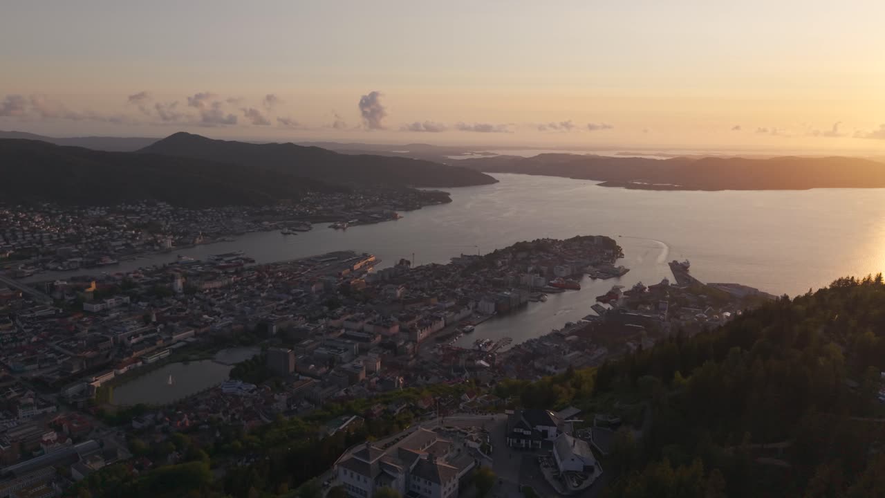 Old Restaurant Of Floirestauranten On Top Of Mount Floyen In Bergen, Norway. Aerial Drone Shot