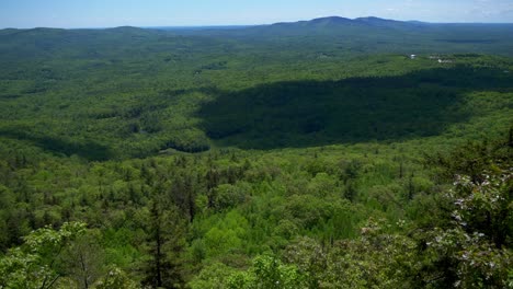 Una-Revelación-Inclinada-De-Las-Montañas-De-Nueva-Inglaterra-Más-Allá-De-Un-Denso-Bosque-Verde-Bajo-Un-Cielo-Azul