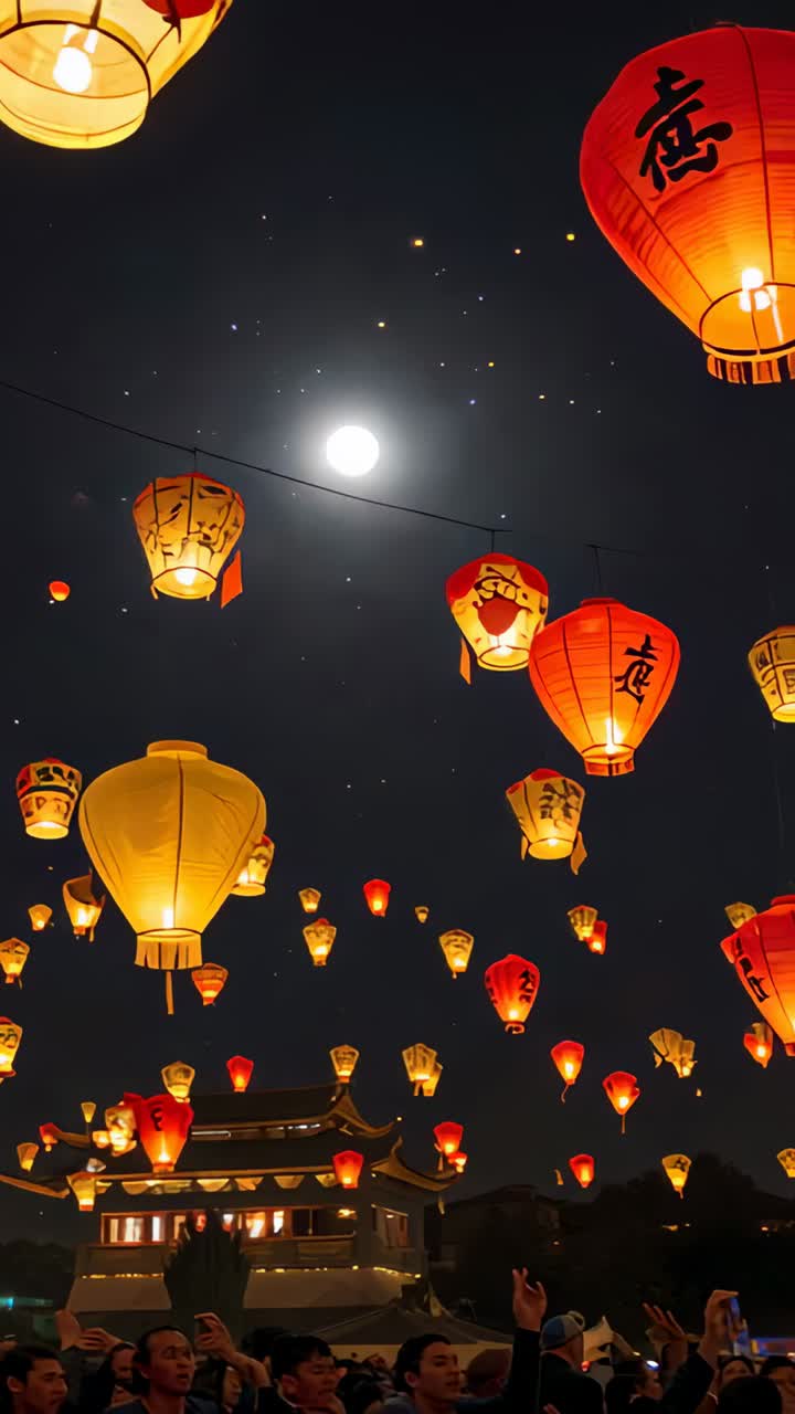 Vertical video: Lantern release starting, crowd in jackets releasing lanterns at temple under moon