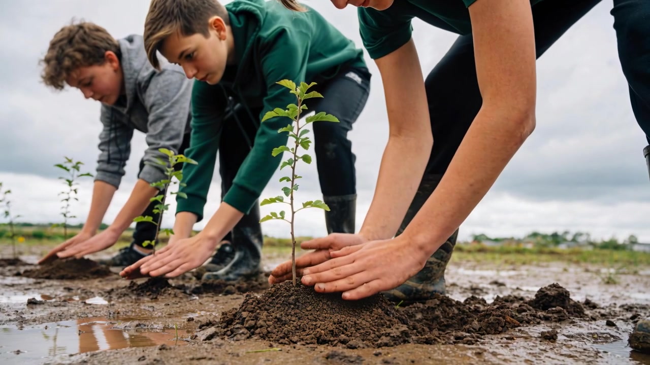 After rain, kneeling three adolescents pressing soil around saplings in field, wearing rubber boots
