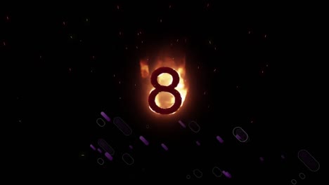 animation of orange flaming number 8, with purple fireworks, on black background