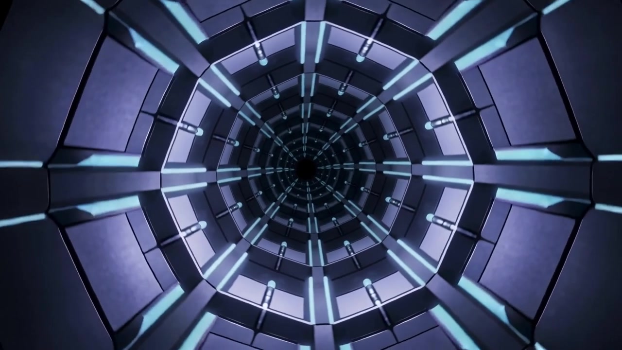 Tunnel ad anelli che avanza in un condotto, con fotogrammi che scorrono e luci ciano pulsanti con nervature.