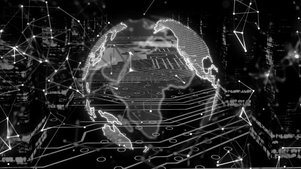 Animation of globe and data processing over black background