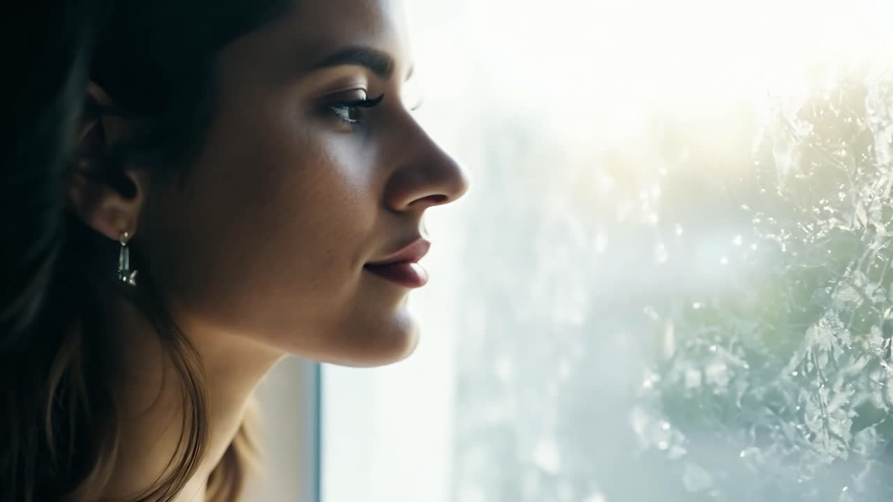 Una mujer mirando por la ventana.